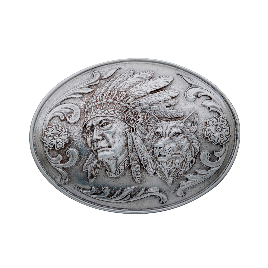 A detailed silver belt buckle with a Native American chief and wolf motif. This unique fashion accessory features a sculpted design of a chief in a headdress and a wolf's head, with a Western-style aesthetic.