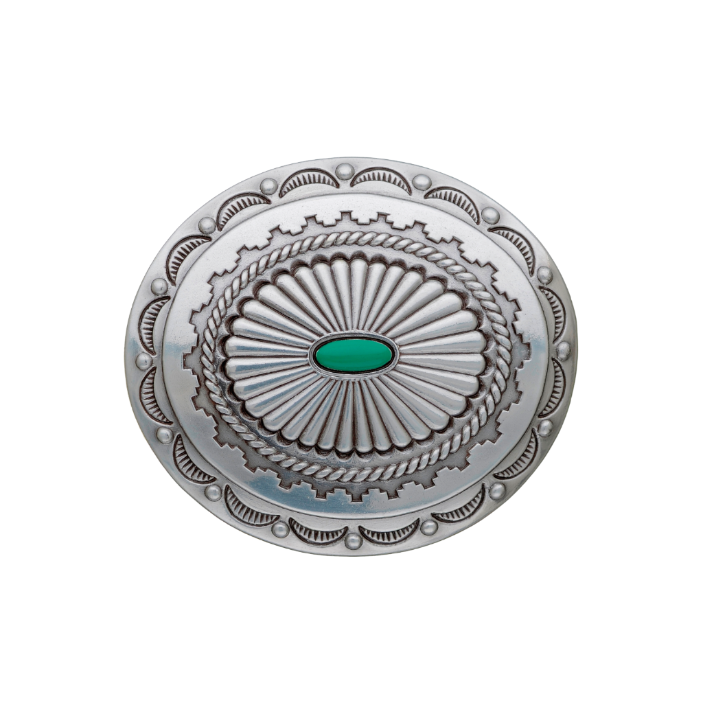 A detailed silver belt buckle with a Southwestern or concho-style design. This fashion accessory features an oval shape with a central green stone, surrounded by concentric rings of fluted, rope, and stamped patterns.