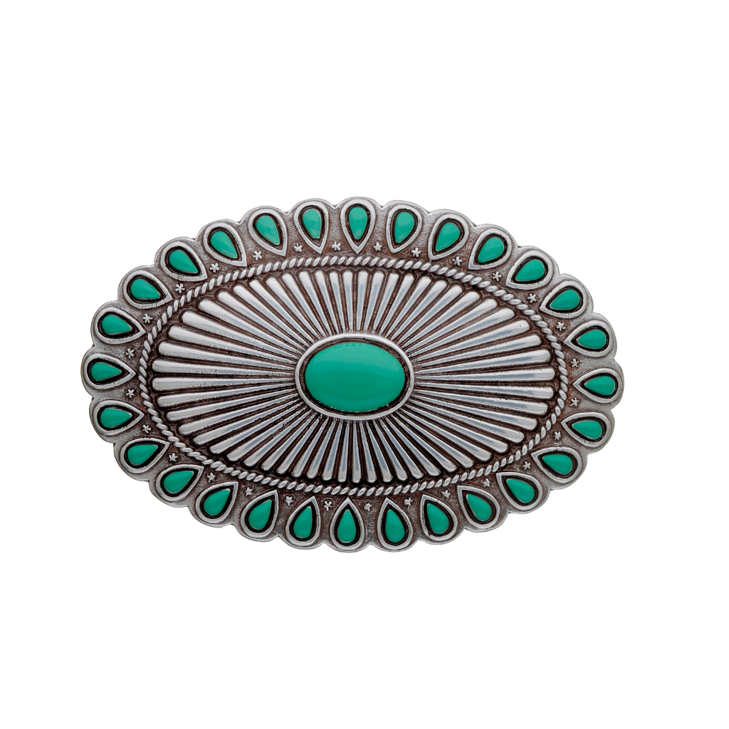 A detailed silver belt buckle with a Southwestern or concho-style design. This fashion accessory features a large central turquoise stone surrounded by a radiating fluted pattern and an outer border of smaller teardrop-shaped turquoise stones.