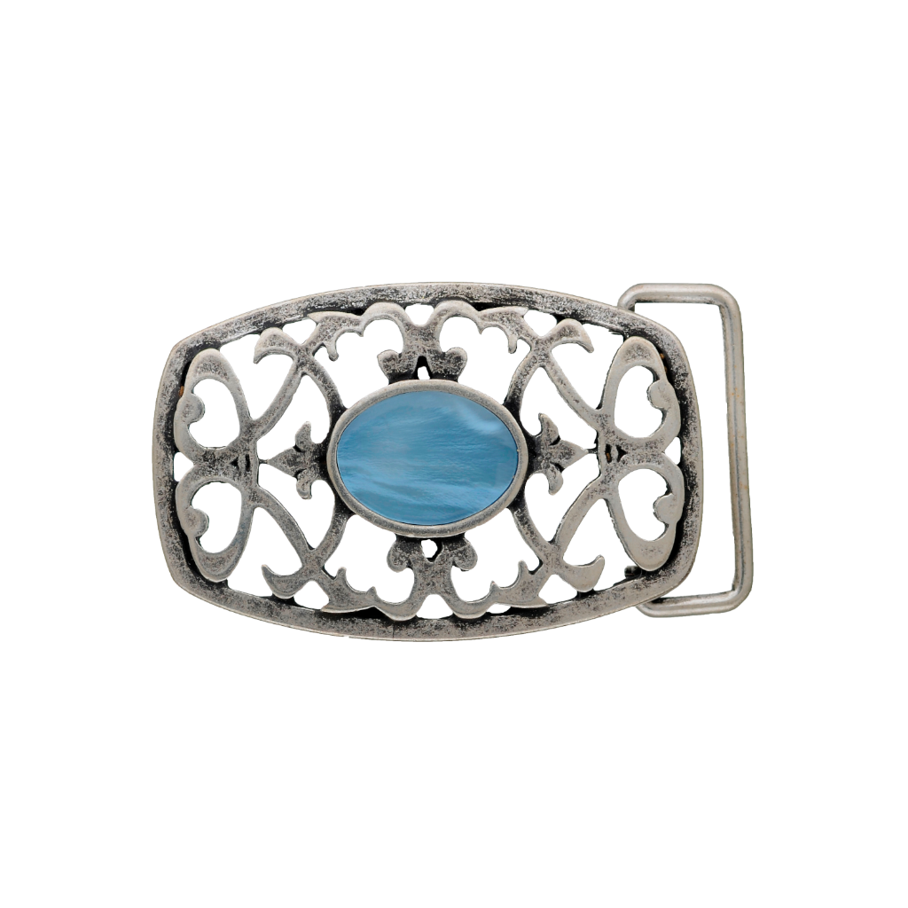 Brushed silver rectangular belt buckle with a beautiful open filigree design and a central blue turquoise stone, a stylish fashion accessory with a vintage Italian design.