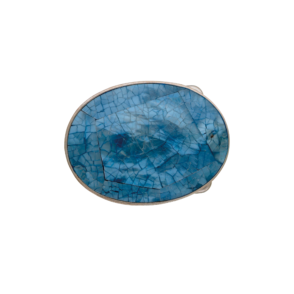 Oval silver belt buckle with a mosaic-style cracked blue turquoise inlay, a unique fashion accessory with a beautiful Italian design.