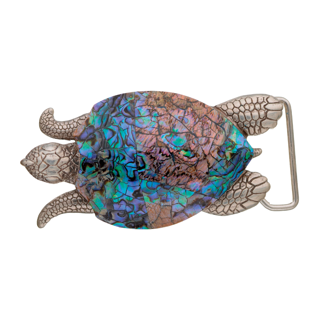 Silver sea turtle belt buckle with a multi-colored mosaic abalone shell, a stunning Italian design fashion accessory.