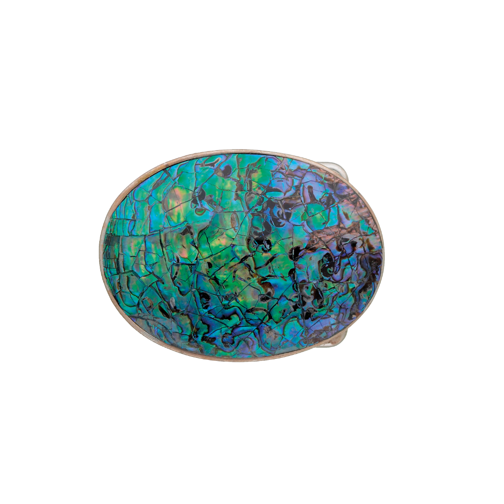 Oval silver belt buckle with a mosaic-style cracked abalone shell inlay, a unique fashion accessory with a beautiful Italian design.