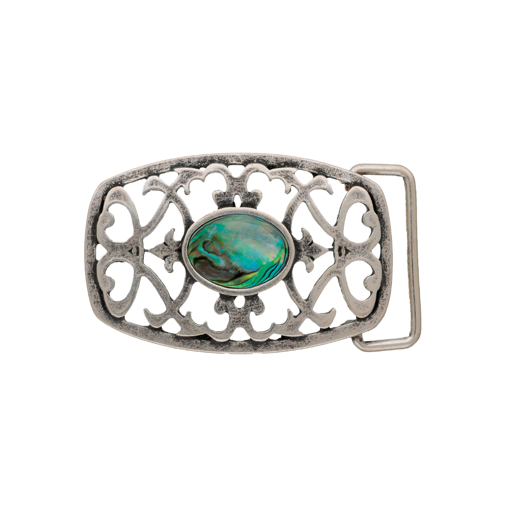 Brushed silver rectangular belt buckle with a beautiful open filigree design and a central green abalone shell stone, a stylish fashion accessory with a vintage Italian design.