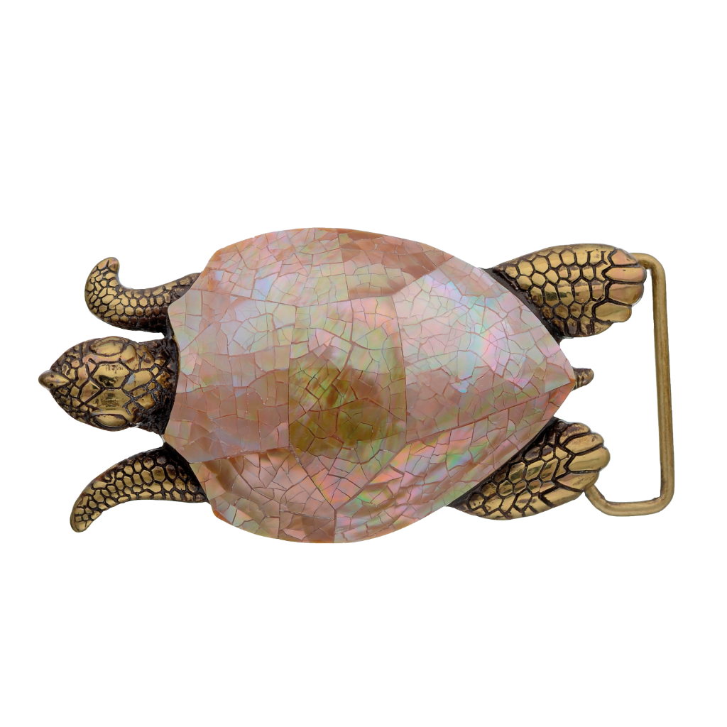 Brass-tone sea turtle belt buckle with a cracked pink mother-of-pearl shell inlay, a unique Italian fashion accessory.