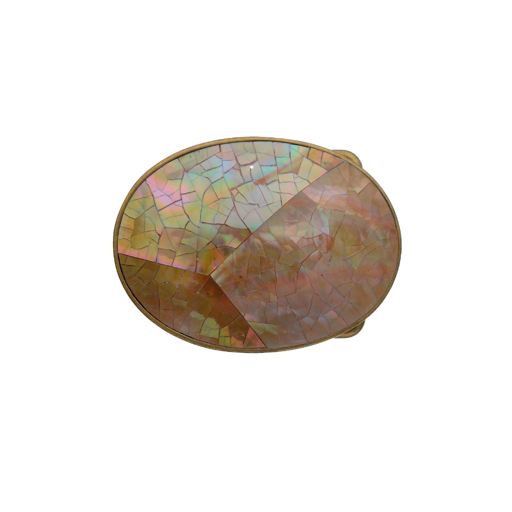 Oval brass belt buckle with a mosaic-style cracked mother of pearl inlay, a unique fashion accessory with a beautiful Italian design.
