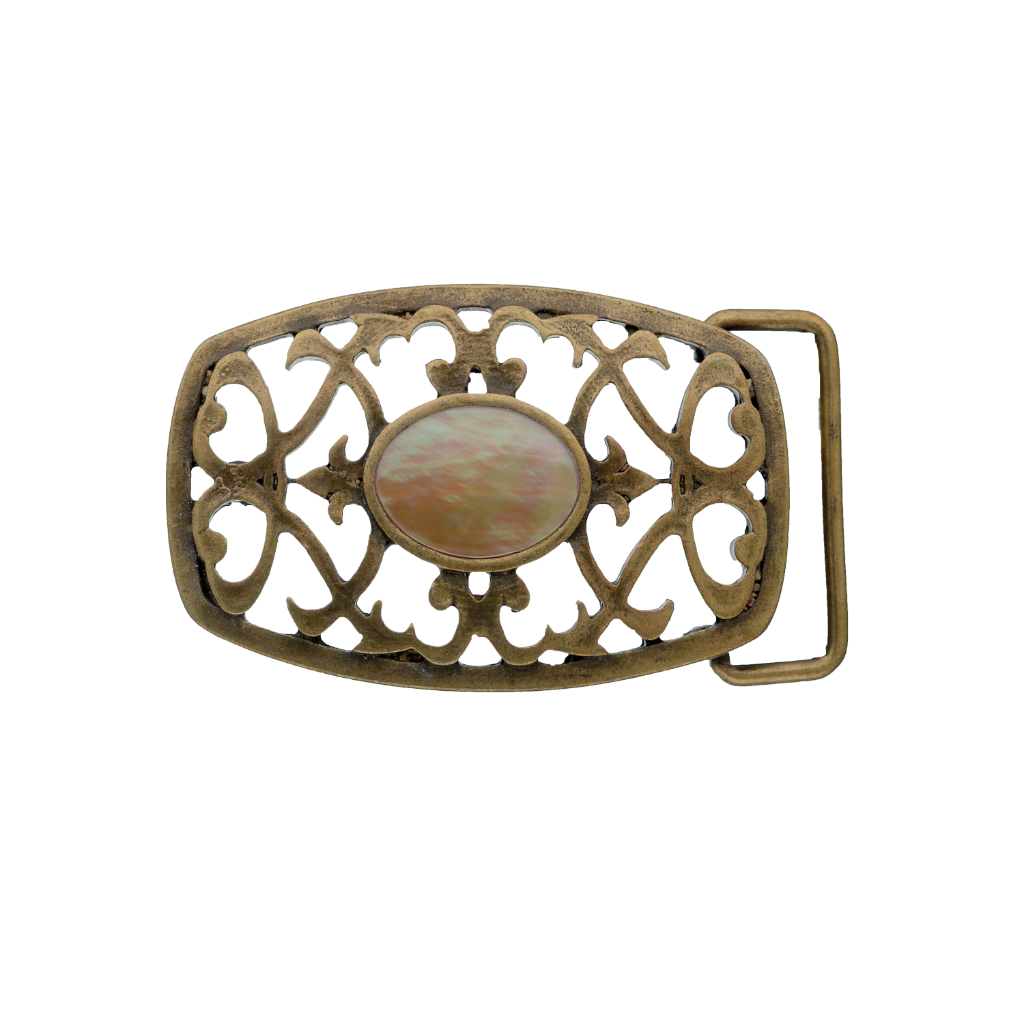 Antique gold-toned rectangular belt buckle with a beautiful open filigree design and a central mother of pearl stone, a stylish fashion accessory with a vintage Italian design.