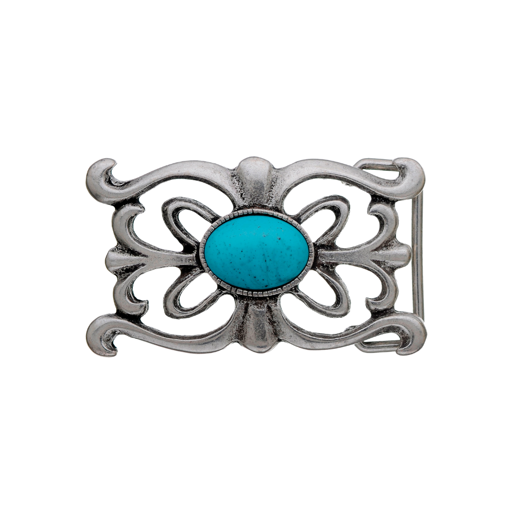 Oval-shaped brushed silver belt buckle with a detailed floral and filigree design and a large turquoise stone centerpiece, a stylish fashion accessory with a beautiful Italian design.