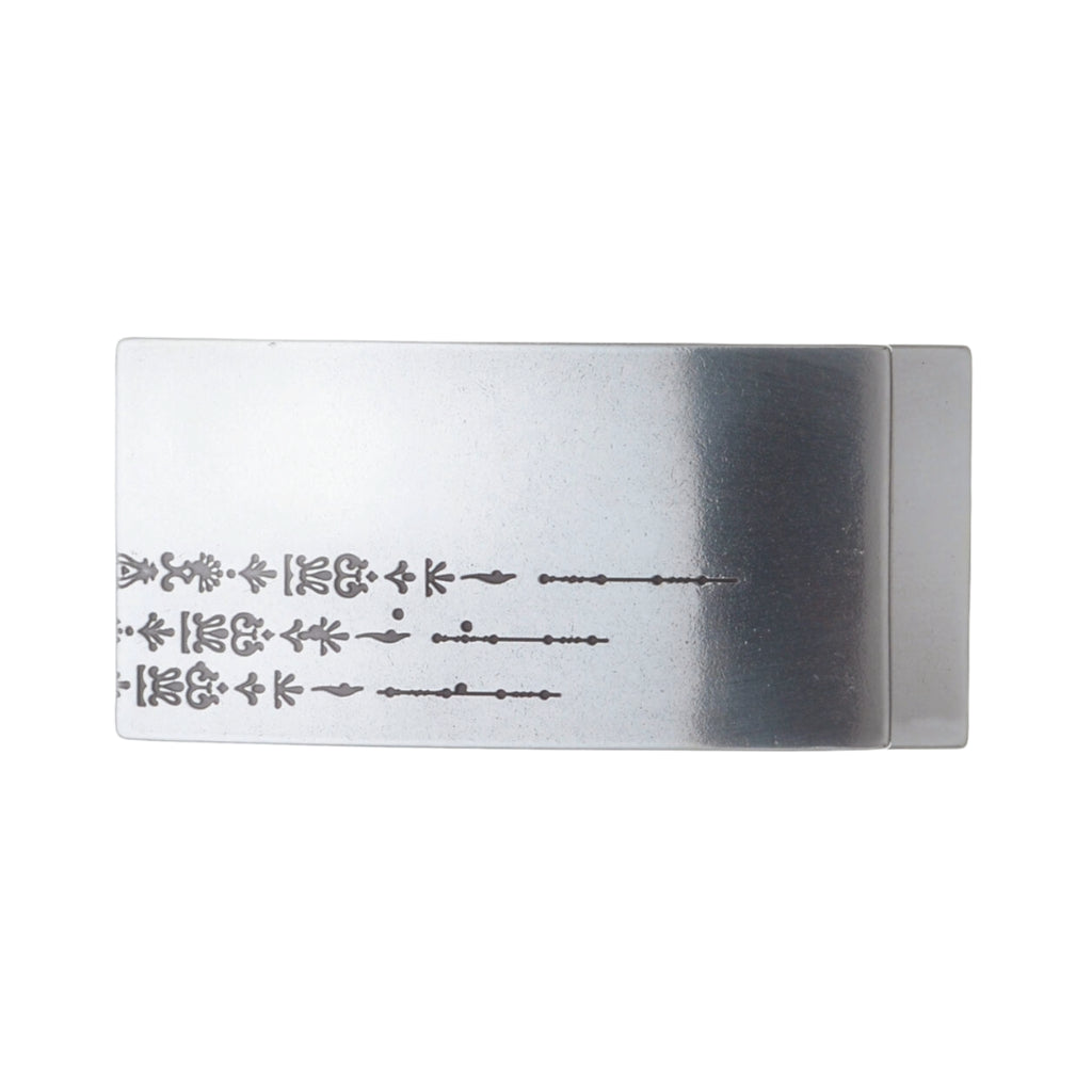 Polished silver rectangular belt buckle with etched decorative line pattern