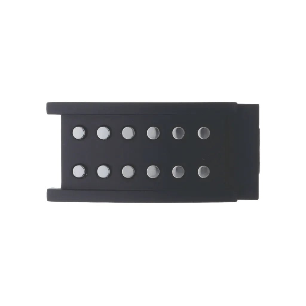 Matte black belt buckle with double-row dot cutout pattern