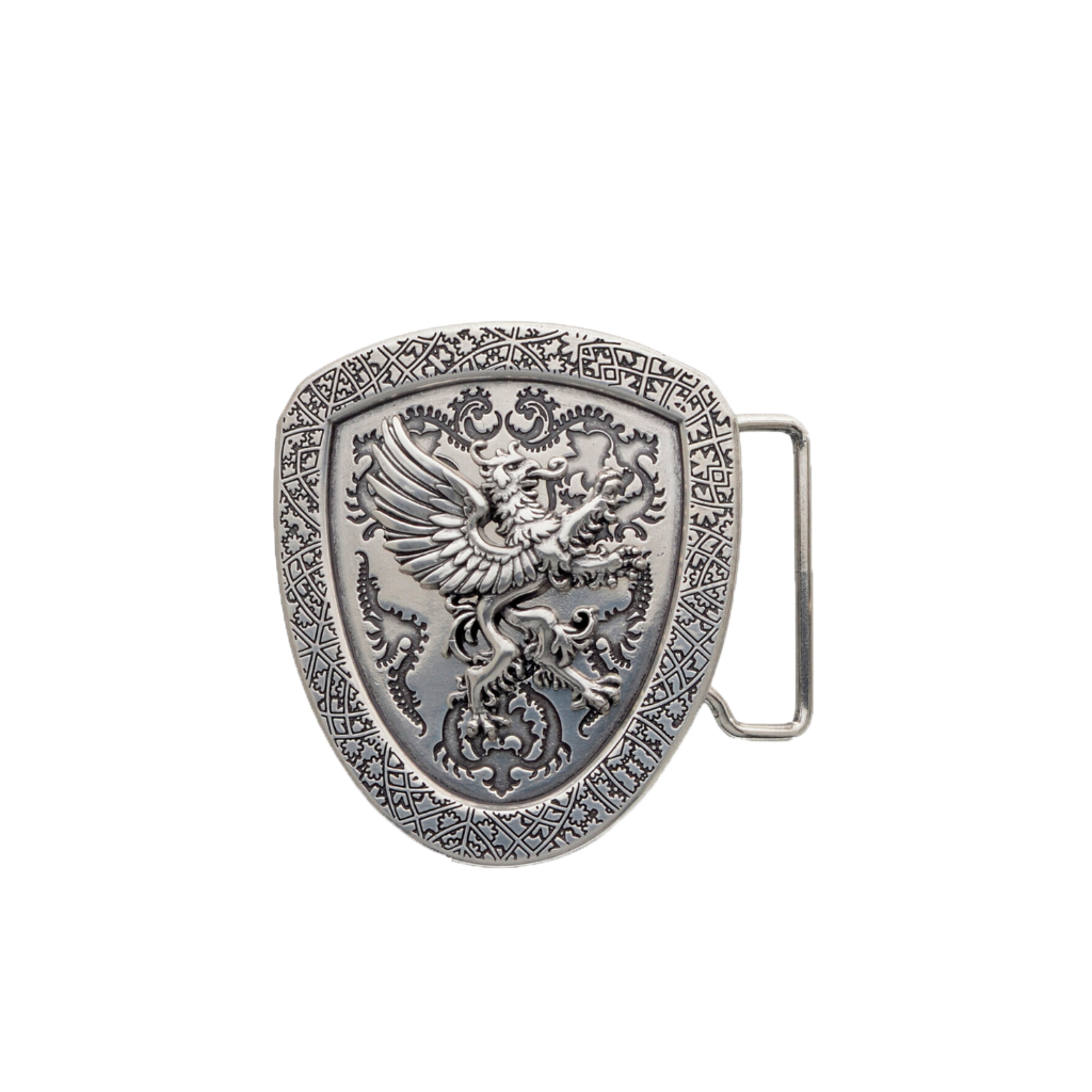 Silver shield belt buckle with griffin design, medieval heraldic fashion accessory, Italian design inspired gothic style, engraved vintage armor motif buckle for men’s belts, collectible fantasy accessory