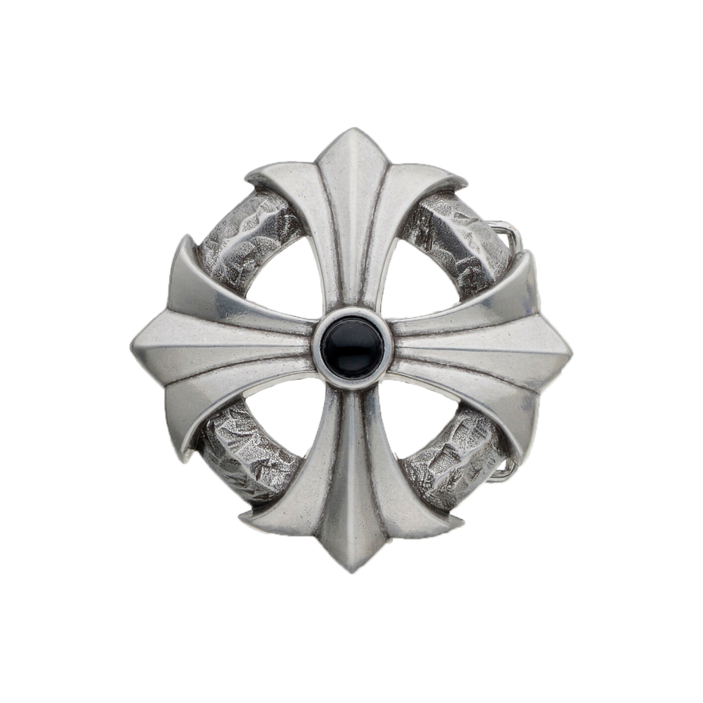 A detailed silver belt buckle with a stylized cross design. This fashion accessory features a central black stone surrounded by smooth, pointed arms and textured, intertwining rings.