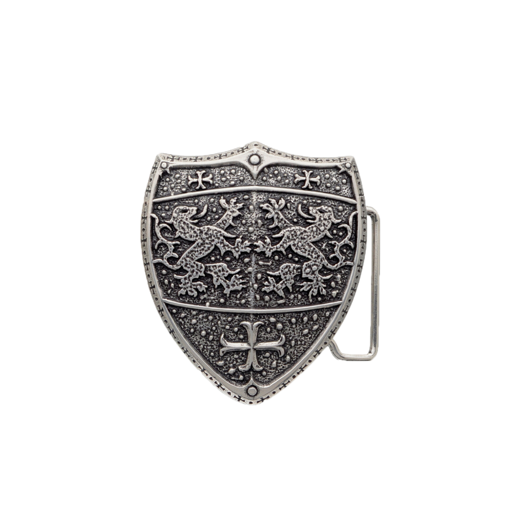 Shield belt buckle with medieval lion design, silver engraved fashion accessory, Italian design inspired heraldic style, ornate gothic shield buckle for men’s belts, vintage armor motif collectible accessory