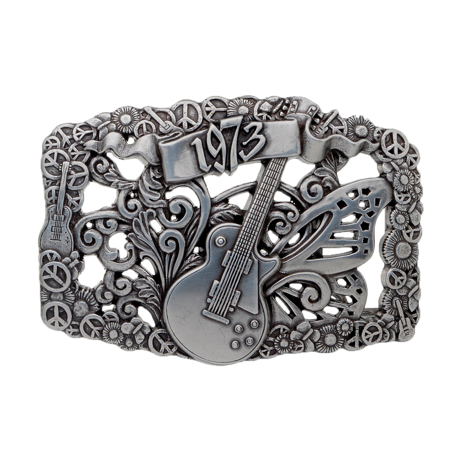 Antique silver music-themed belt buckle with an electric guitar, butterfly wing, and the year 1973.
