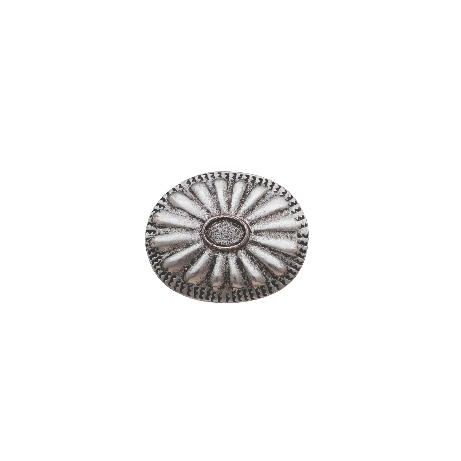 An oval-shaped, silver-toned metal concho. The center features a smooth, raised oval dome surrounded by twelve radiating, petal-like ridges. The outer edge is finished with a continuous stamped pattern of small, repeating geometric shapes.