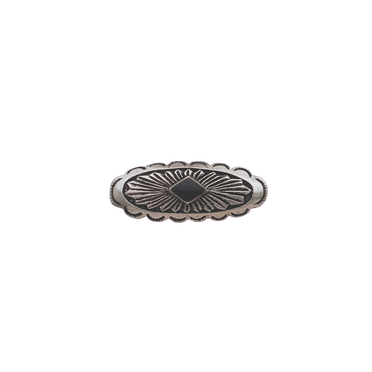 Scalloped silver western slider with black diamond center and sunburst engraving.