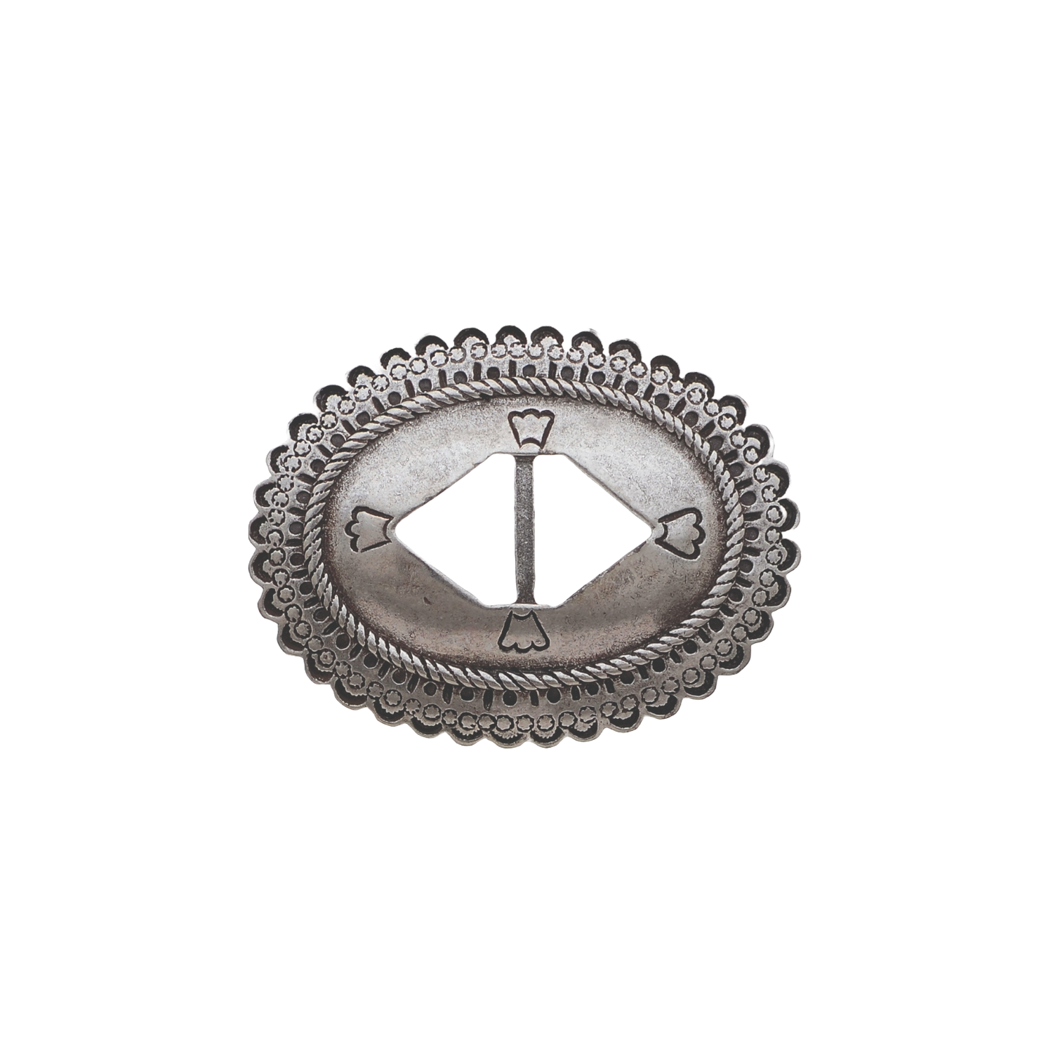 Scalloped silver oval belt slider with rope border and stamped flower accents.