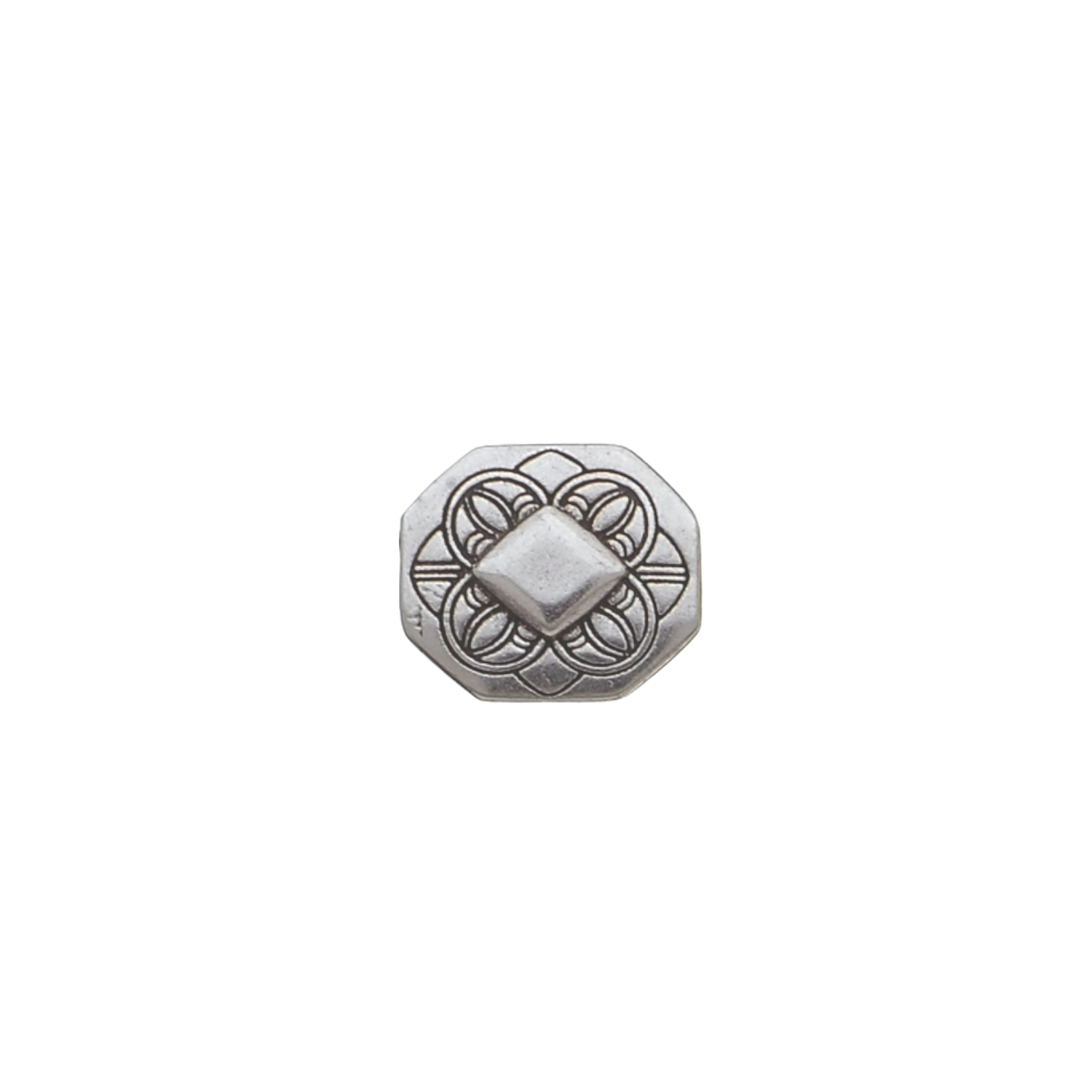 Silver octagonal western slider with raised diamond center and embossed floral motif.
