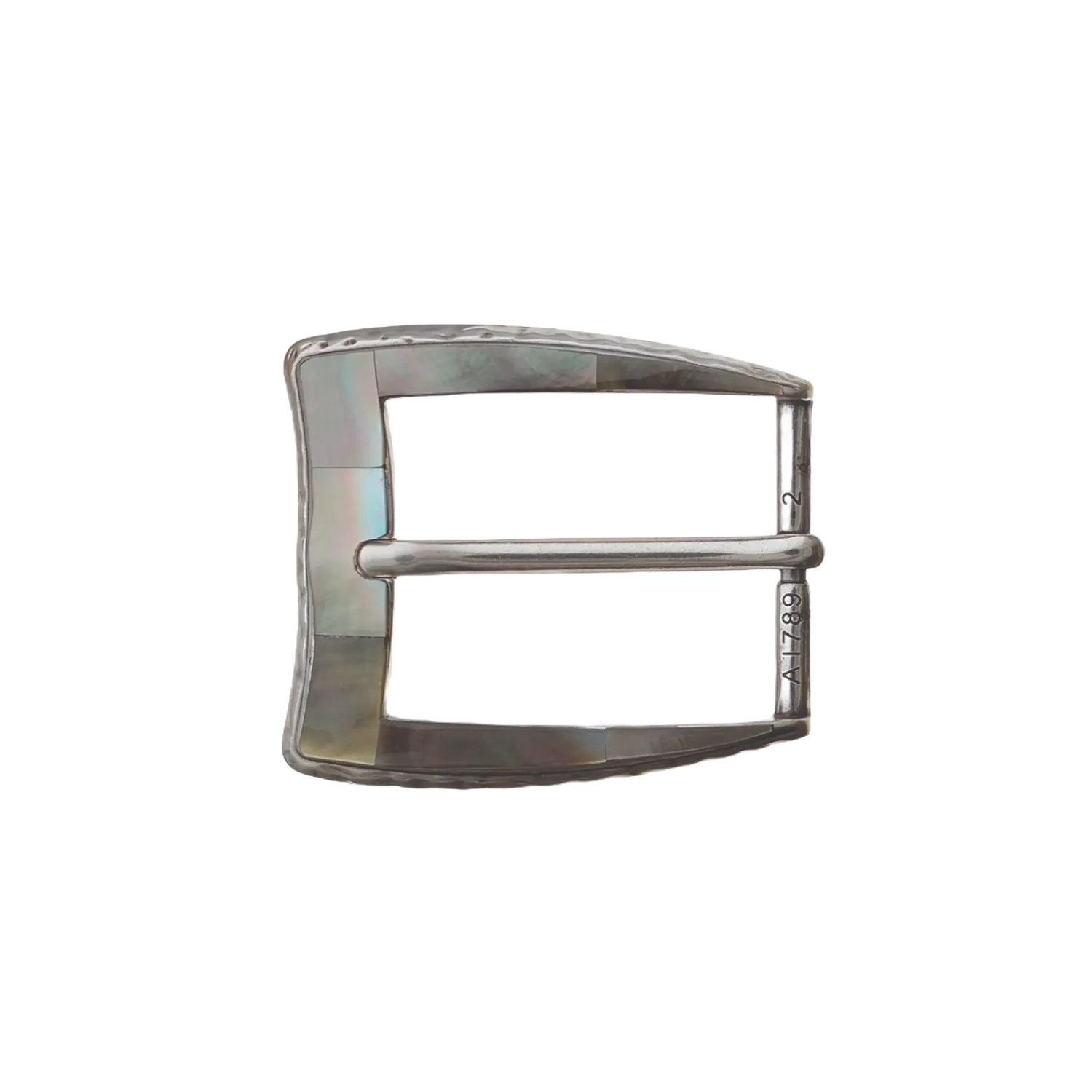 English silver belt buckle with cracked black lip shell inlay, sleek minimalist design, handcrafted Zamak accessory
