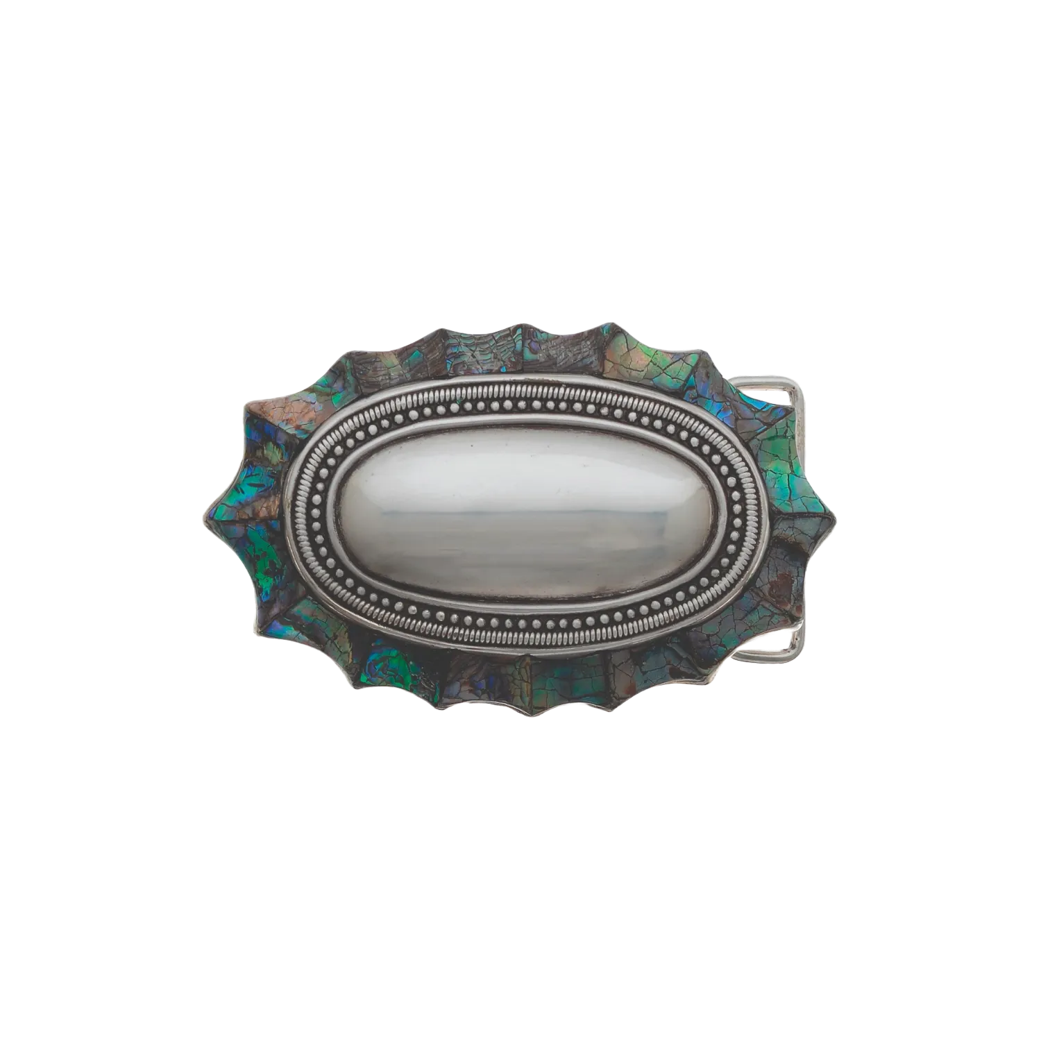 English silver rectangular belt buckle with cracked paua blue inlay, beaded edge design, handcrafted Zamak accessory