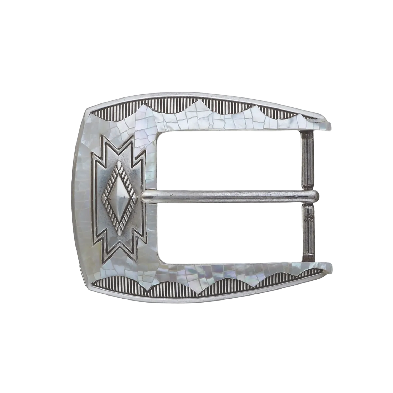 English silver belt buckle with white mother of pearl inlay, geometric engraved pattern, handcrafted Zamak accessory