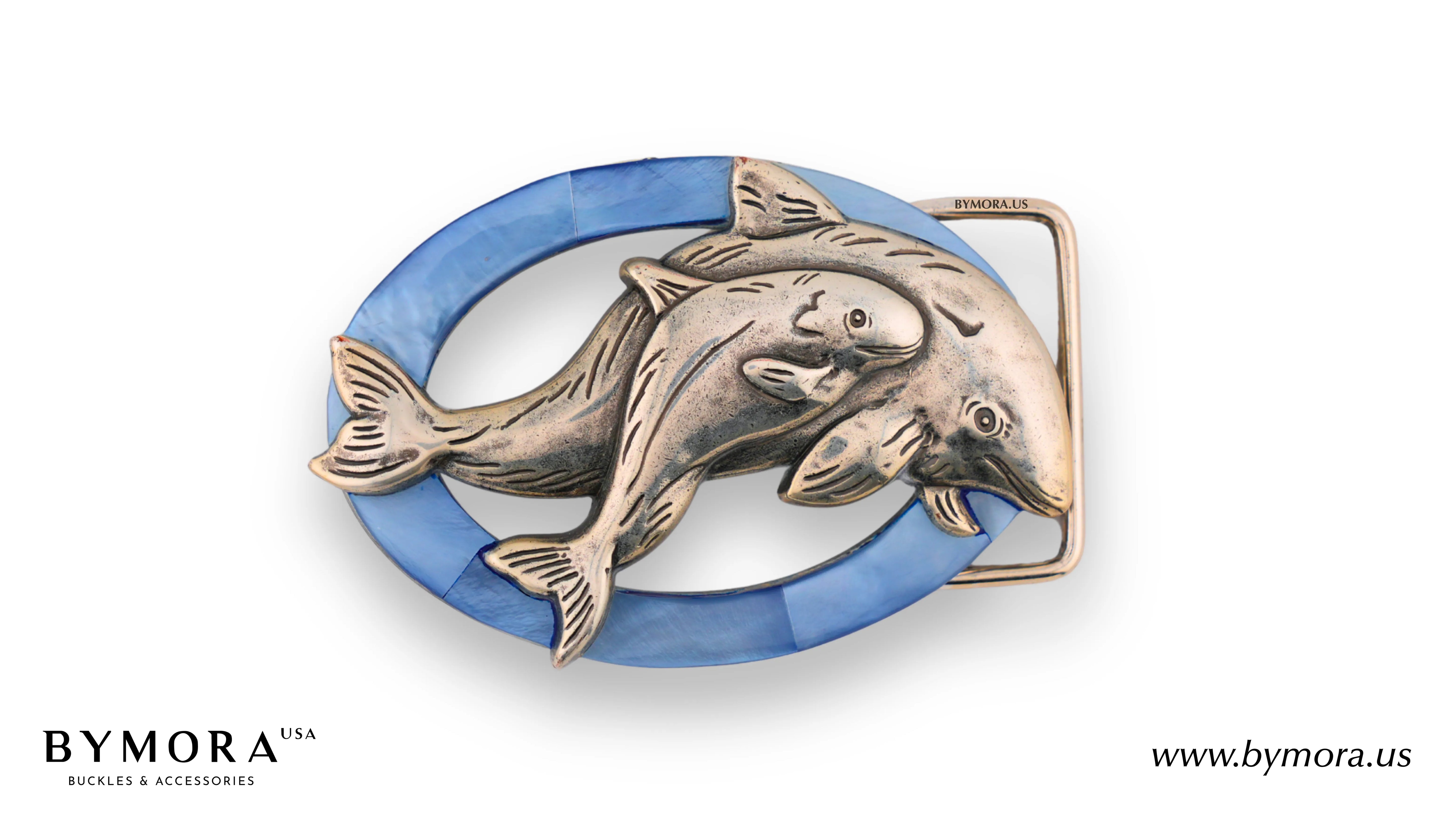 Luxury belt buckle dolphins with blue mother of pearl Italian design