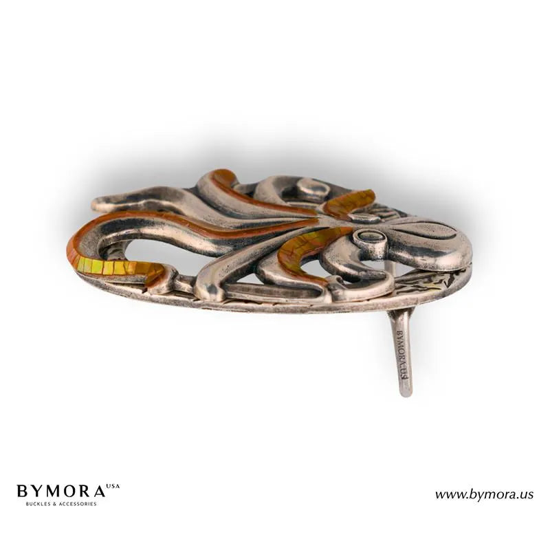 Luxury belt buckle octopus with orange mother of pearl Italian design