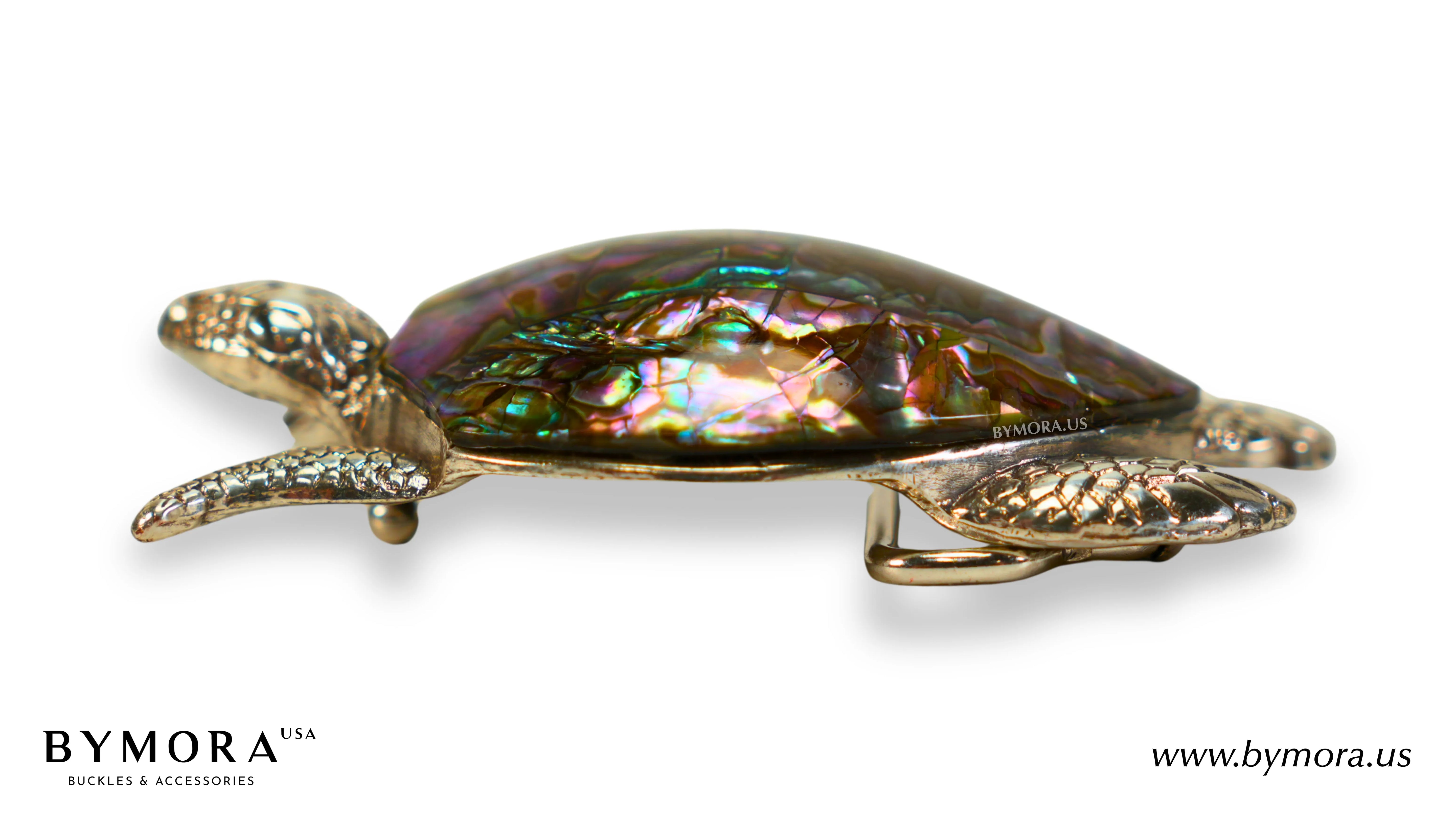 Luxury belt buckle turtle with green-blue mother of pearl Italian design