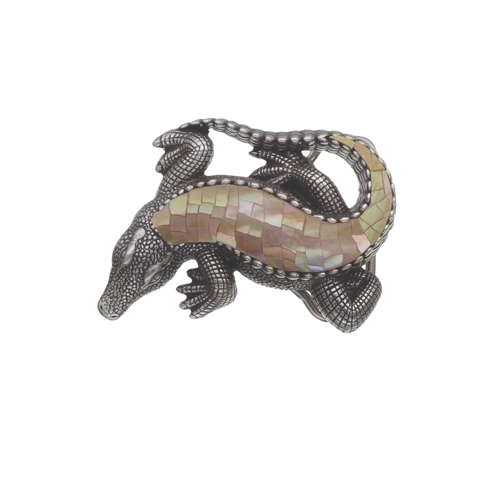 Decorative crocodile motif buckle, antique silver with iridescent champagne shell tiles, isolated