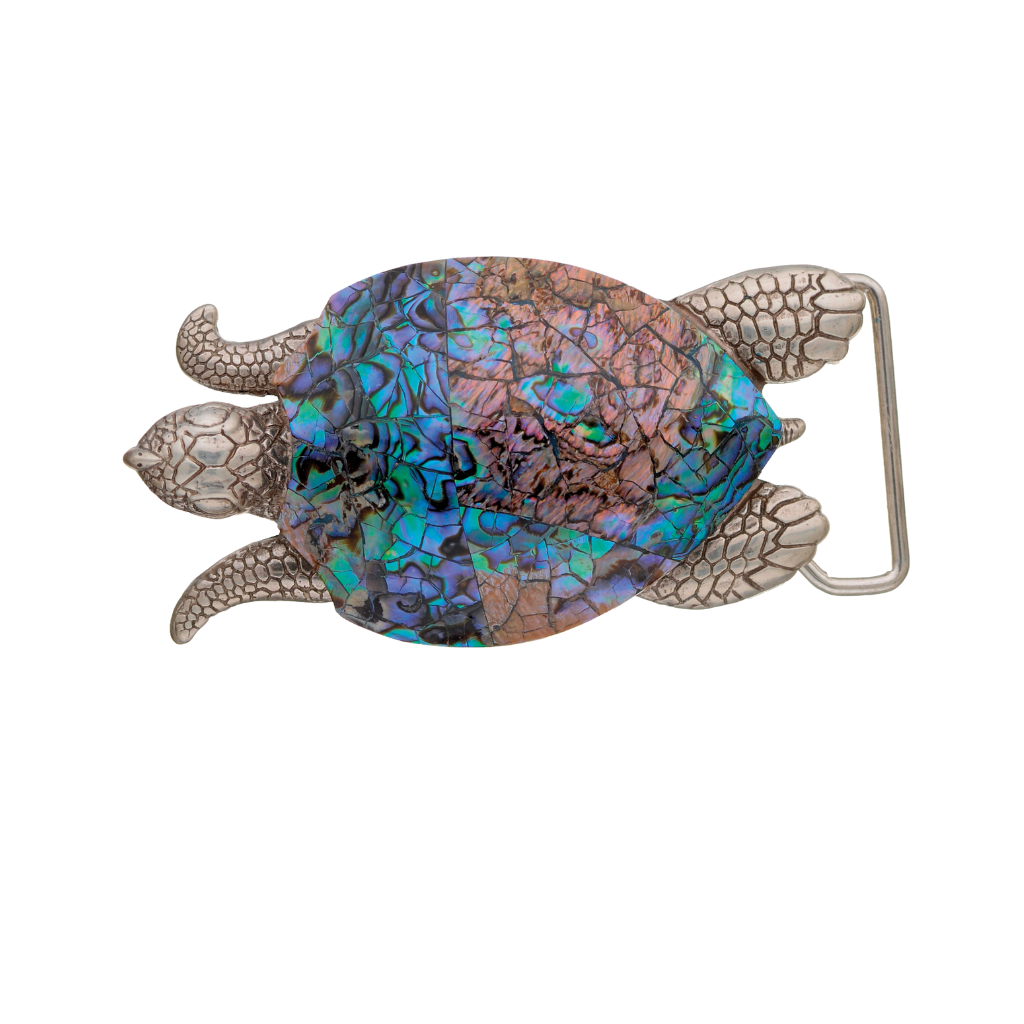Turtle-shaped belt buckle, silver body with multicolor abalone shell inlay carapace, isolated on white