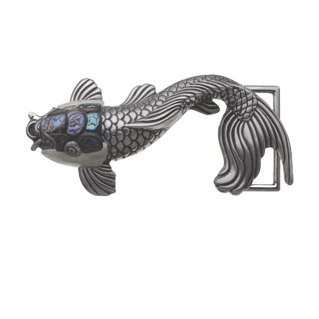 Silver koi belt buckle with flowing tail and iridescent abalone inserts, on white background
