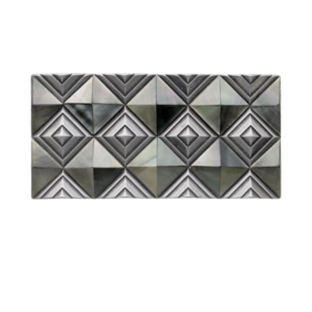 Rectangular buckle component featuring 3D pyramid tiles, silver/grey shell mosaic, isolated