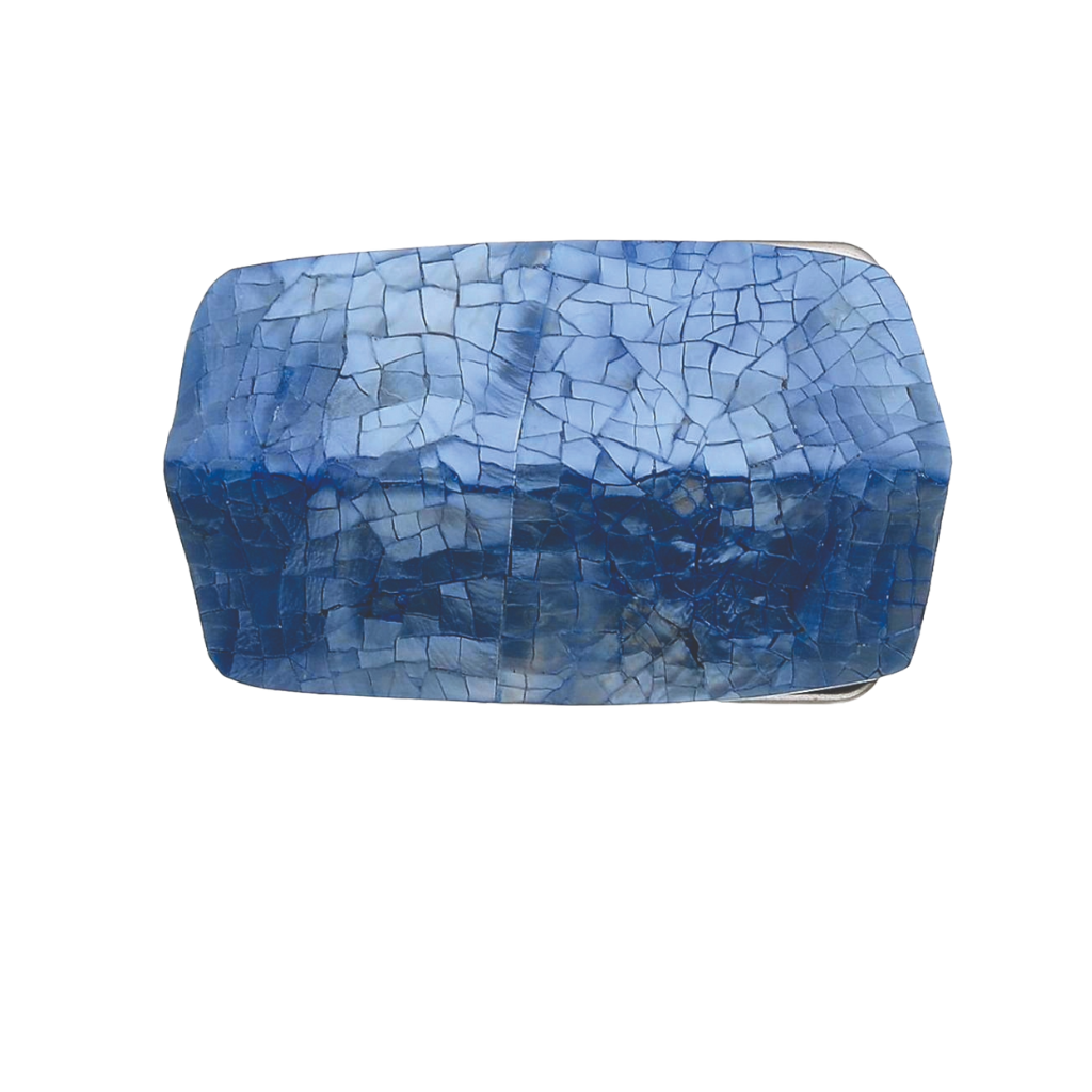 Blue shell-inlay buckle front, rectangular shape with mosaic pattern, on white background