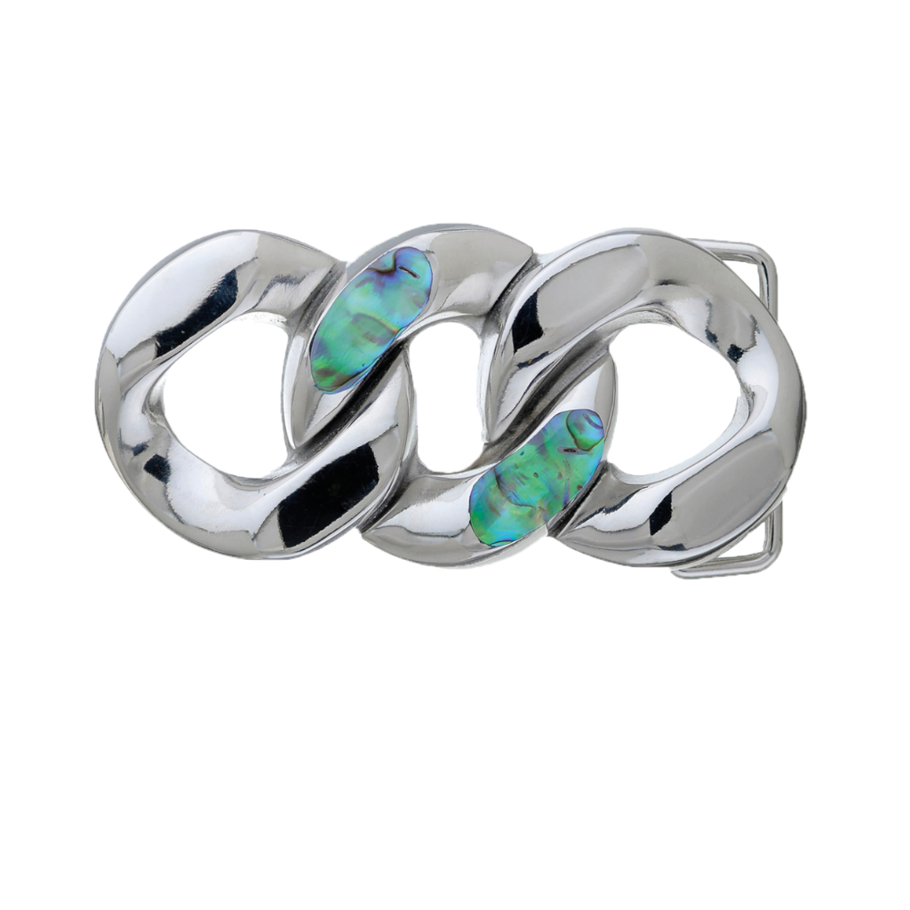 Interlinked oval belt buckle, glossy chrome plating and abalone details, on white background