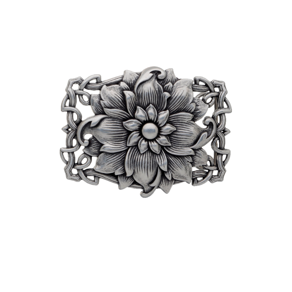 Decorative floral buckle, central rosette with layered petals and openwork border, oxidized silver, on white