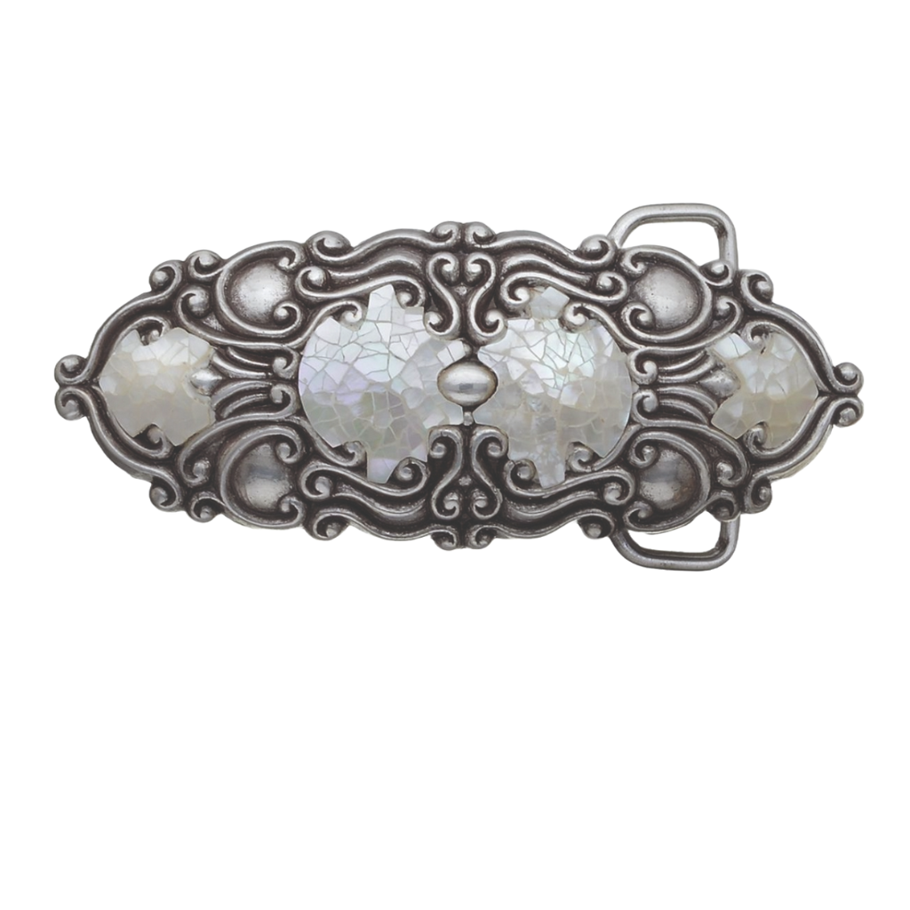Decorative scroll belt buckle, antique silver frame with iridescent mother-of-pearl style inlays, studio cutout