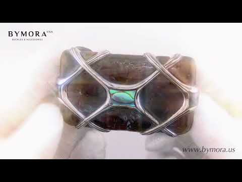 Load video: Geometric Crossed Bands 40mm Belt Buckle – English Silver Finish + Cracked Violet Oyster & Paua Blue Mother of Pearl