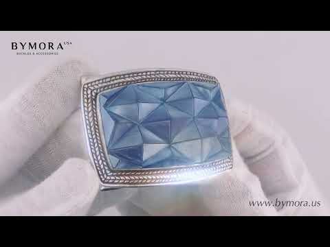 Load video: Geometric Mosaic 40mm Belt Buckle – English Silver Finish + Solid Blue Hammer Shell Mother of Pearl