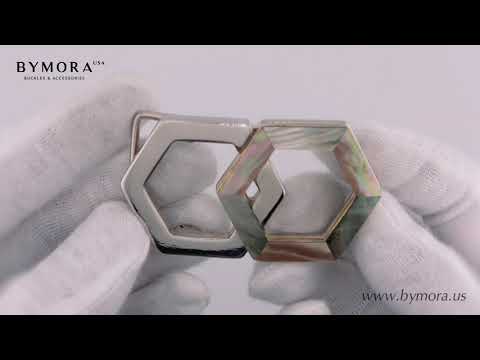 Load video: Interlocking Hexagon 40mm Belt Buckle – Shiny Nickelfree Finish + Black Lip & Brown Lip Mother of Pearl