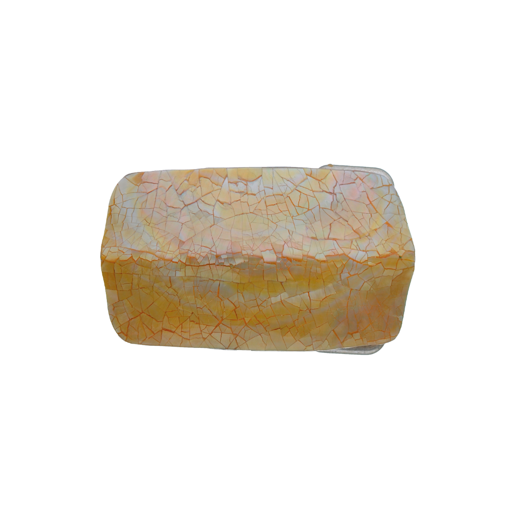 Rectangular silver belt buckle with a mosaic-style cracked orange agate inlay, a unique fashion accessory with a beautiful Italian design.