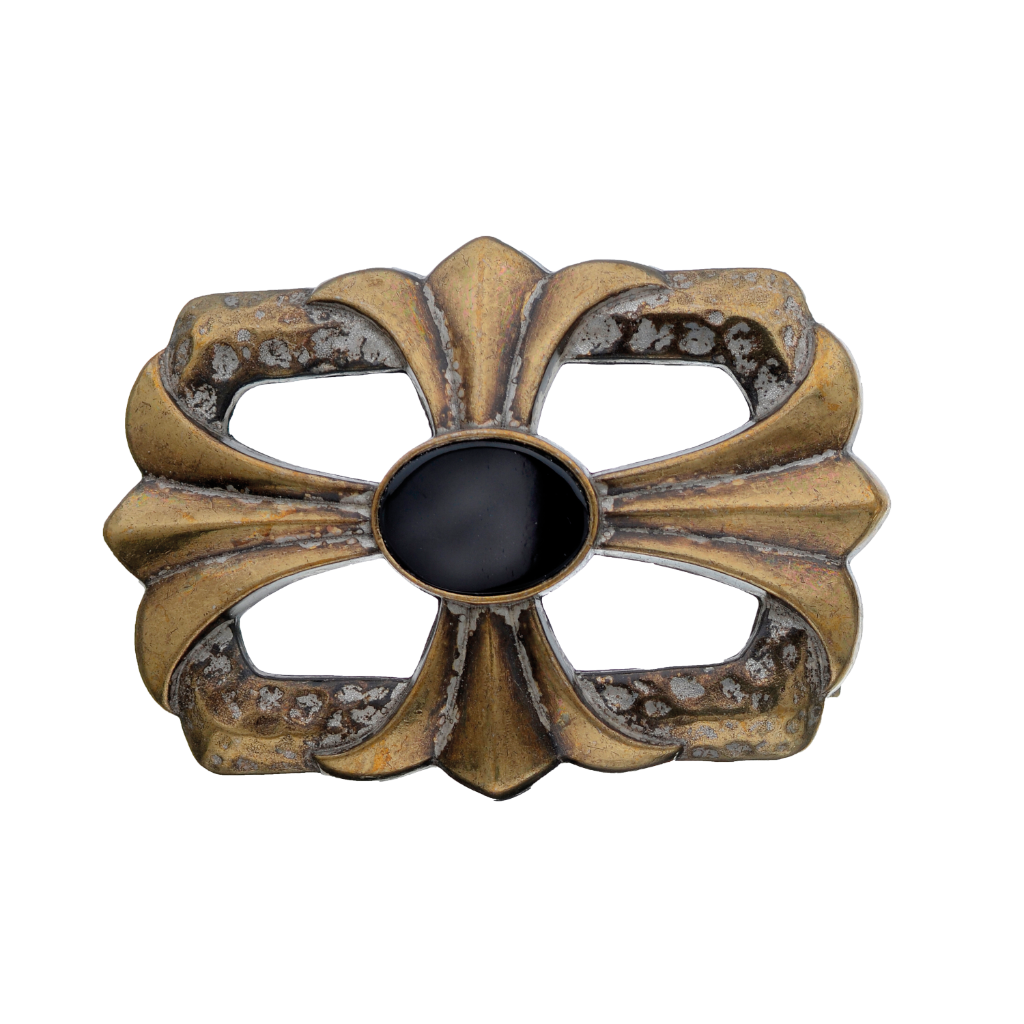 Gold Toned Belt Buckle with a modern cross design and a smooth black onyx stone centerpiece, a unique fashion accessory with a contemporary Italian design.

