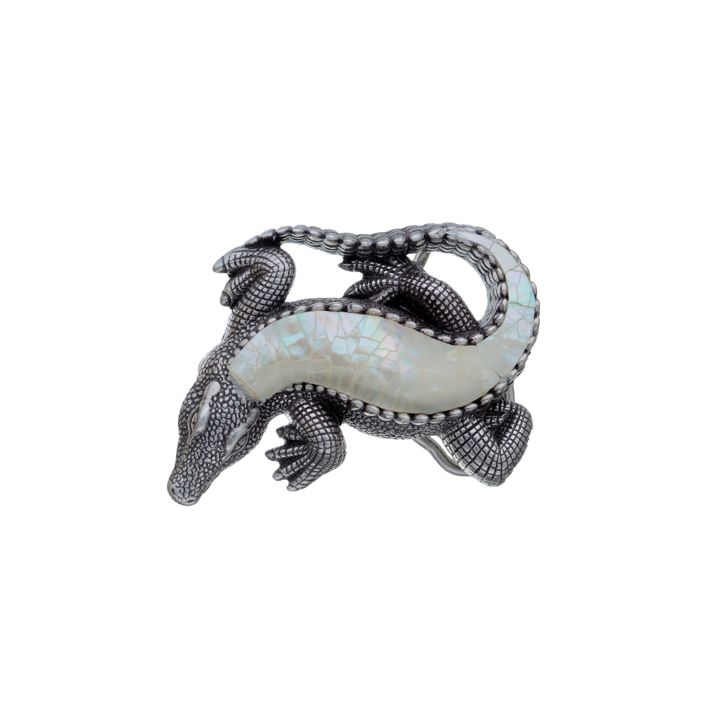 Silver-tone alligator belt buckle with a lustrous white mother-of-pearl mosaic inlay, a unique Italian fashion accessory.