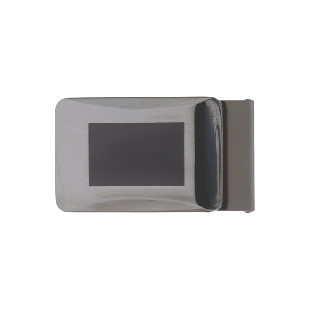 Minimalist gunmetal-tone rectangular belt buckle featuring a smooth polished frame and a central matte black inset panel.