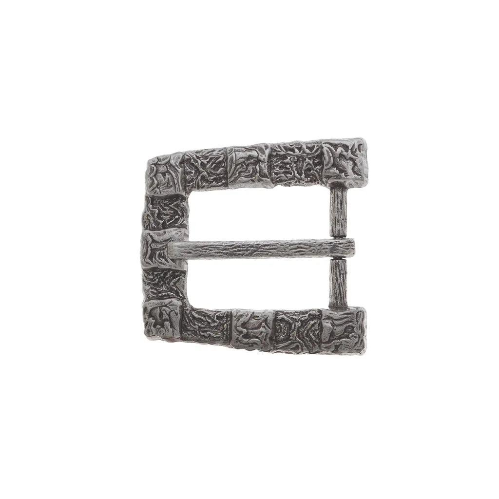 Antique silver textured frame belt buckle with engraved pattern and double bar design, fits 40mm belt strap