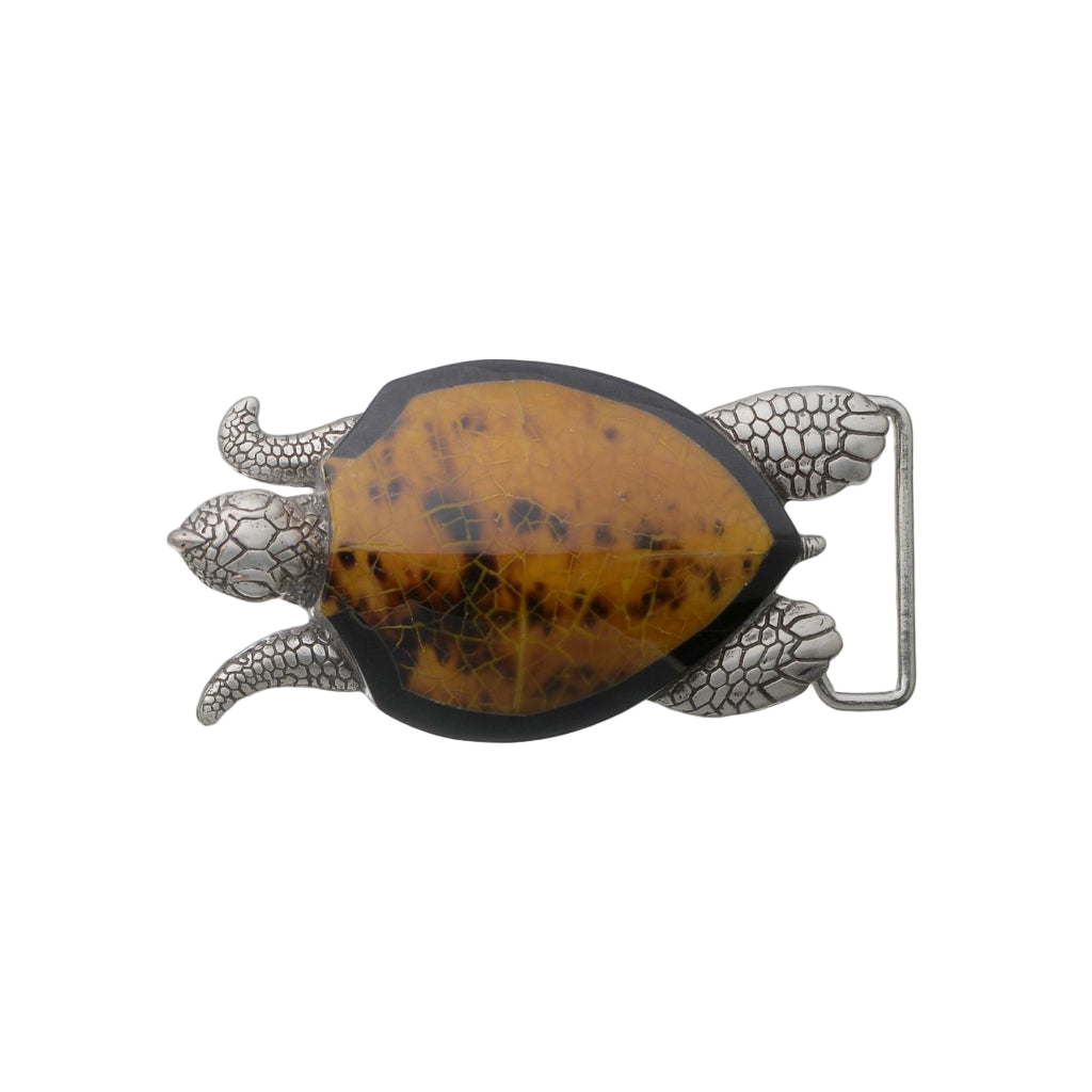 Turtle 40mm Belt Buckle – English Silver Finish + Solid Black Tab & Cracked Tab Mother of Pearl