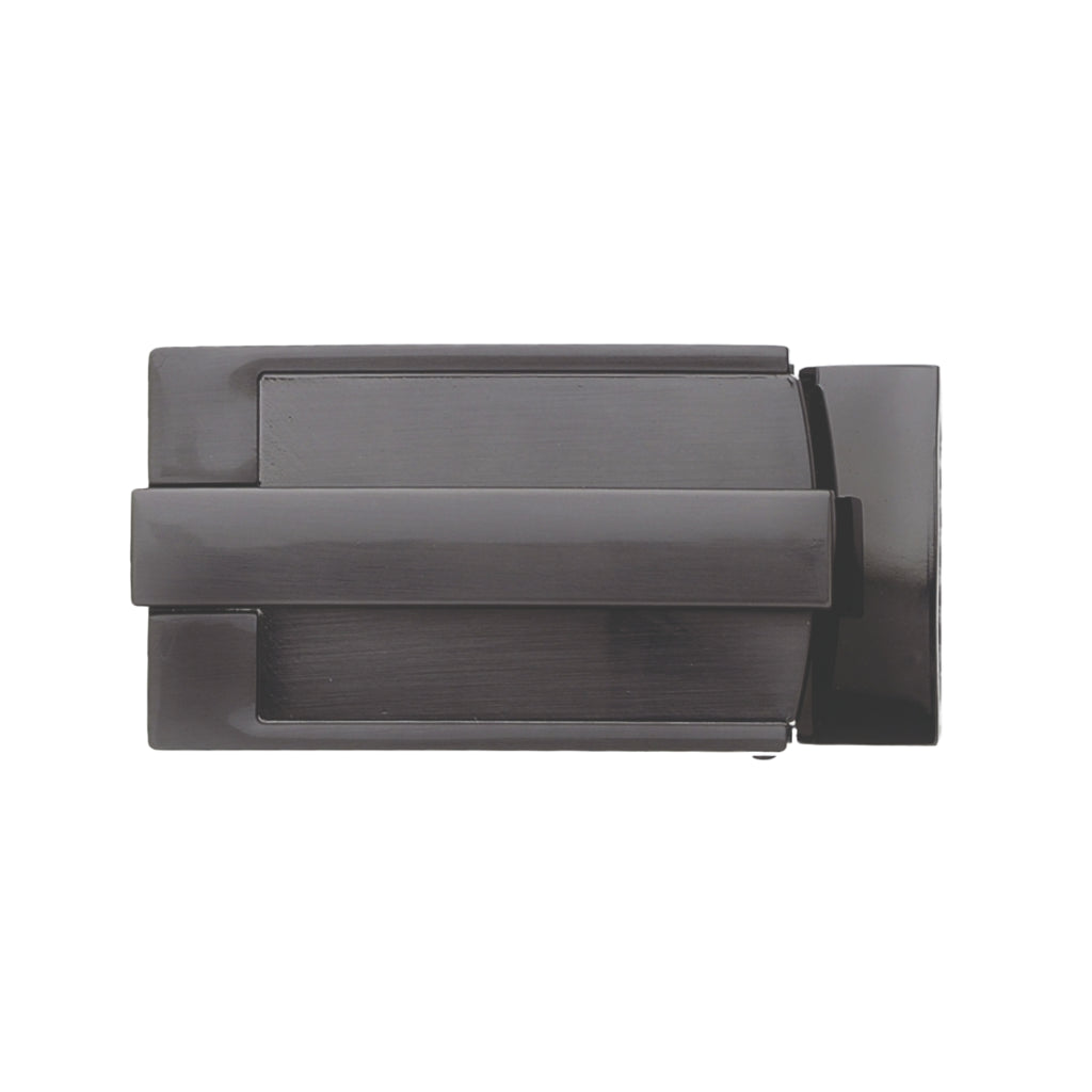 Modern gunmetal-tone rectangular belt buckle featuring a polished raised center bar and a brushed metallic finish.