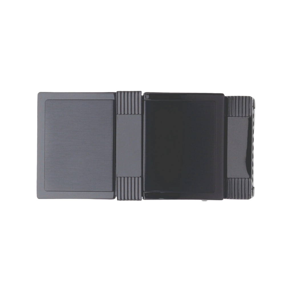 Modern two-toned rectangular buckle featuring a dual-panel design with a brushed gunmetal left side and a polished black right side.