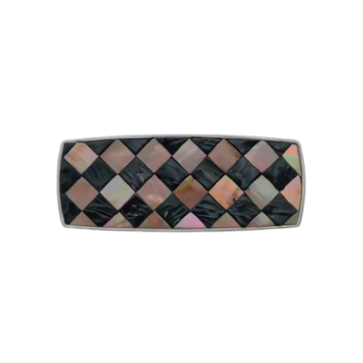Rectangular belt buckle plate with checkerboard shell inlay (dark and pink tones), isolated on transparent background