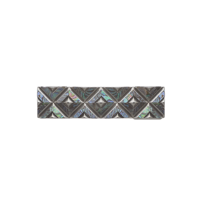Rectangular silver-tone belt buckle with a geometric diamond pattern and iridescent mother-of-pearl inlay, a modern Italian design fashion accessory.