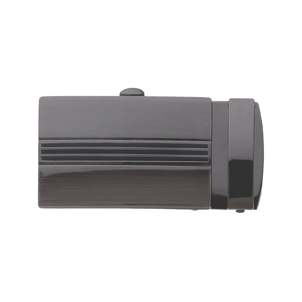 Polished gunmetal rectangular belt buckle with a flat-edge frame, three central horizontal stripes, and a brushed metal finish.